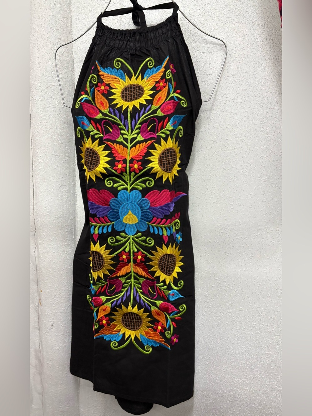 Mexican Dress Black Halter Dress with Colorful Floral Embroidery